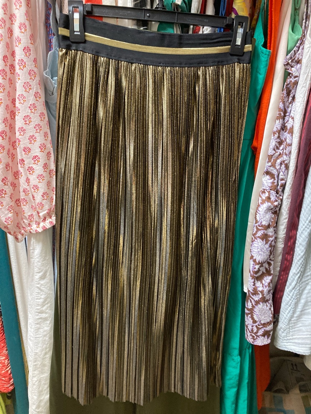 Moon River Metallic Gold Pleated Midi Skirt with Black Waistband